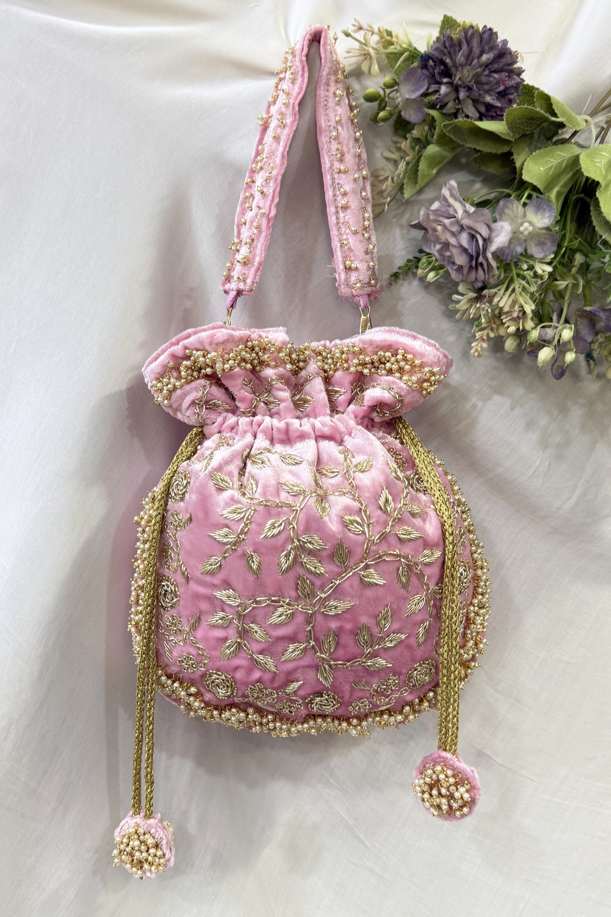 Zardosi Wrork Potli Bag - Baby Pink