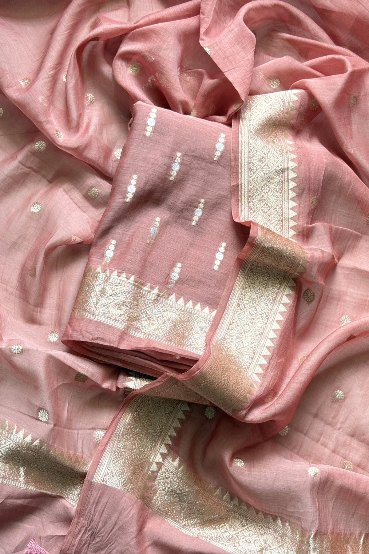 Pure Mul Chanderi Banarasi Weaving Suit Set - Light Onion