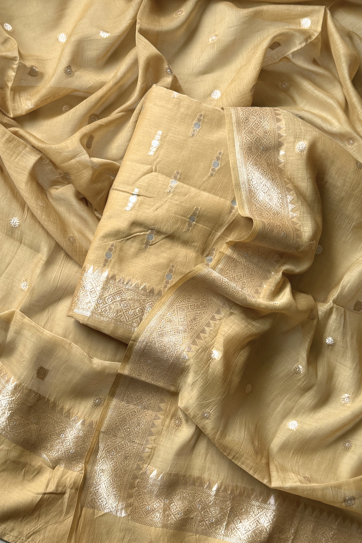 Pure Mul Chanderi Banarasi Weaving Suit Set - Beige Gold