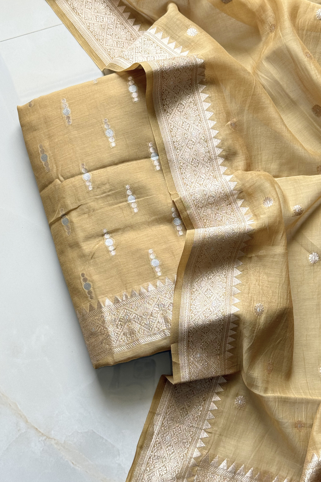 Pure Mul Chanderi Banarasi Weaving Suit Set - Beige Gold