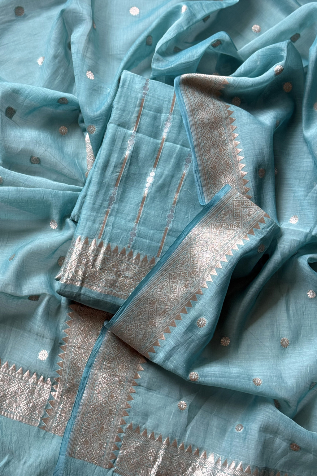 Pure Mul Chanderi Banarasi Weaving Suit Set - Firozi Blue