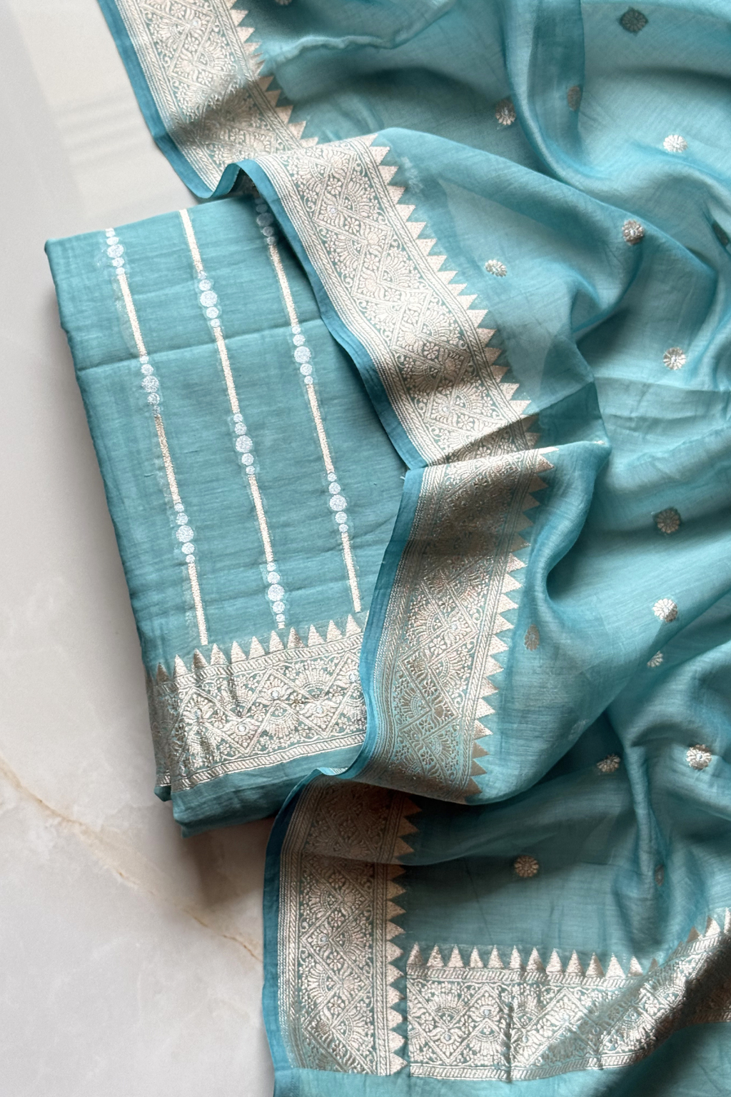 Pure Mul Chanderi Banarasi Weaving Suit Set - Firozi Blue