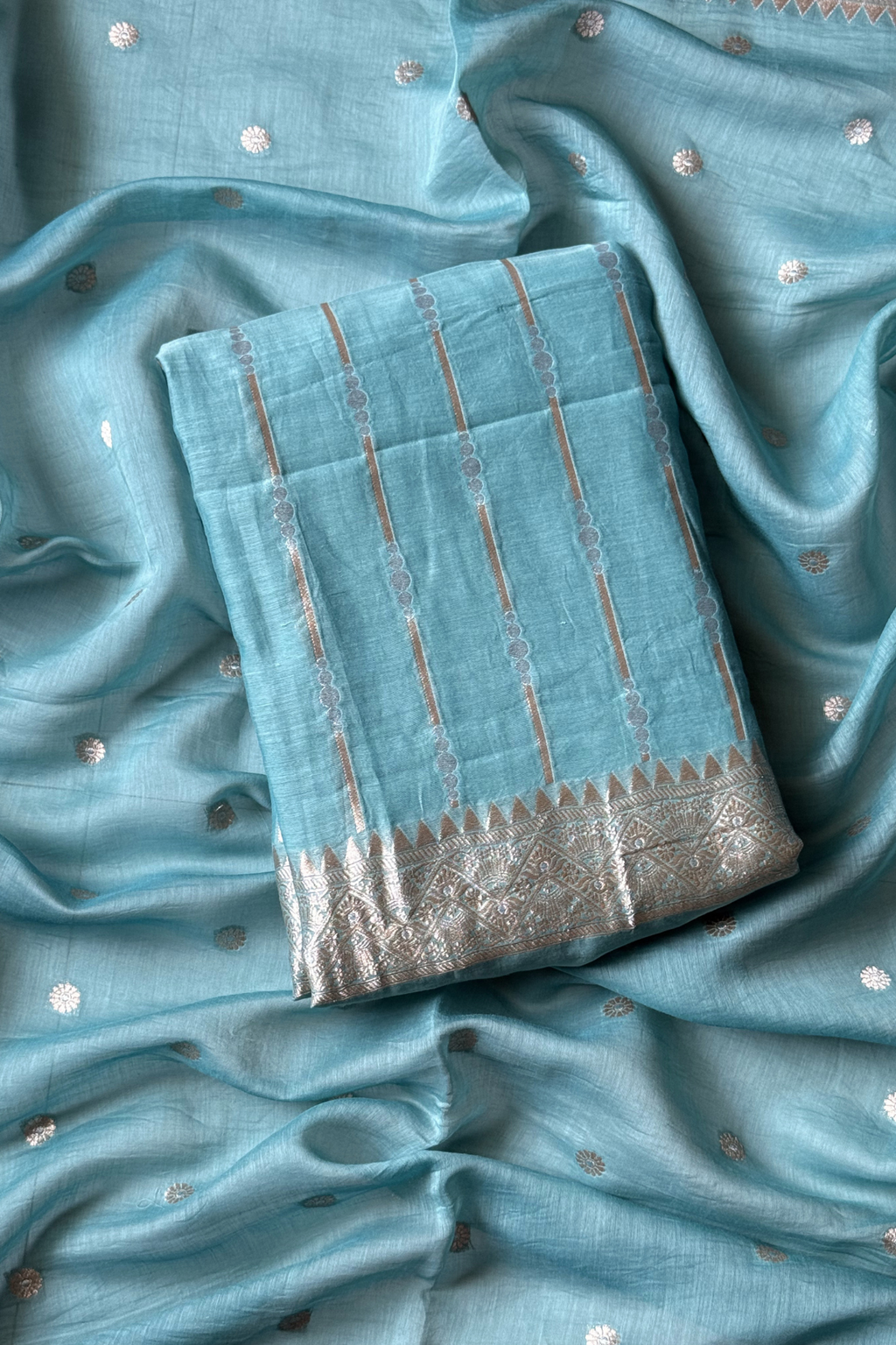 Pure Mul Chanderi Banarasi Weaving Suit Set - Firozi Blue