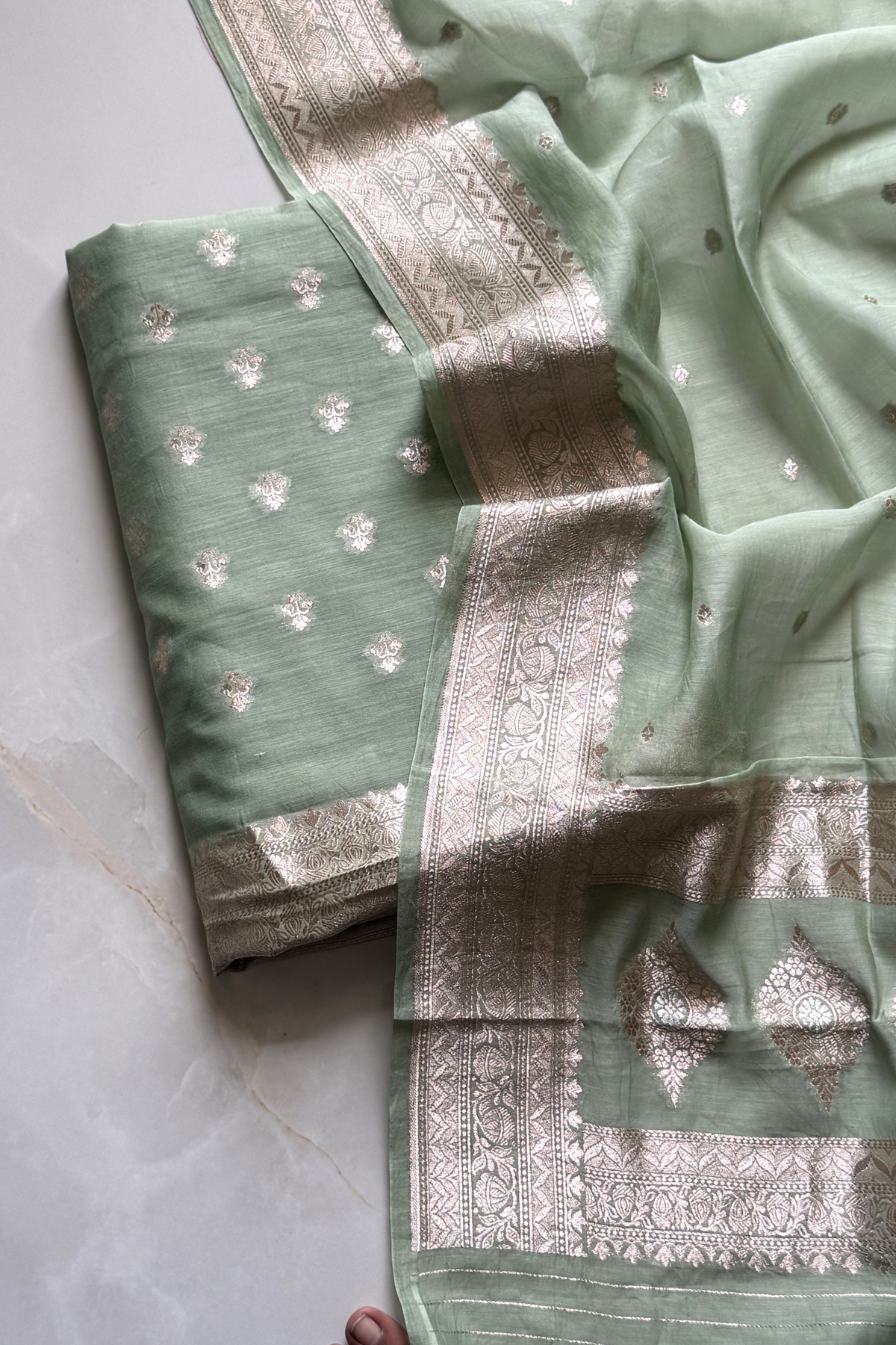 Pure Mul Chanderi Banarasi Weaving Suit Set - Pista Green