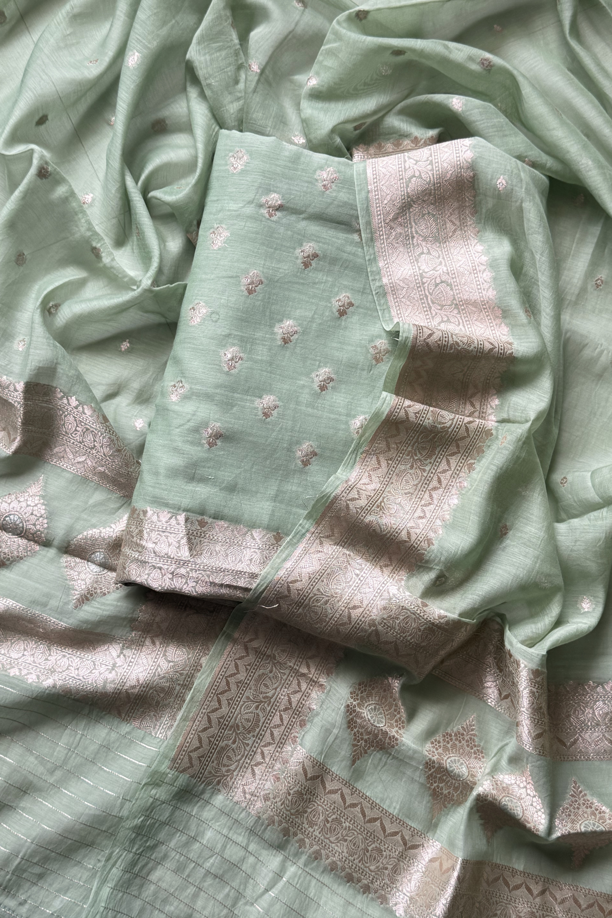 Pure Mul Chanderi Banarasi Weaving Suit Set - Pista Green