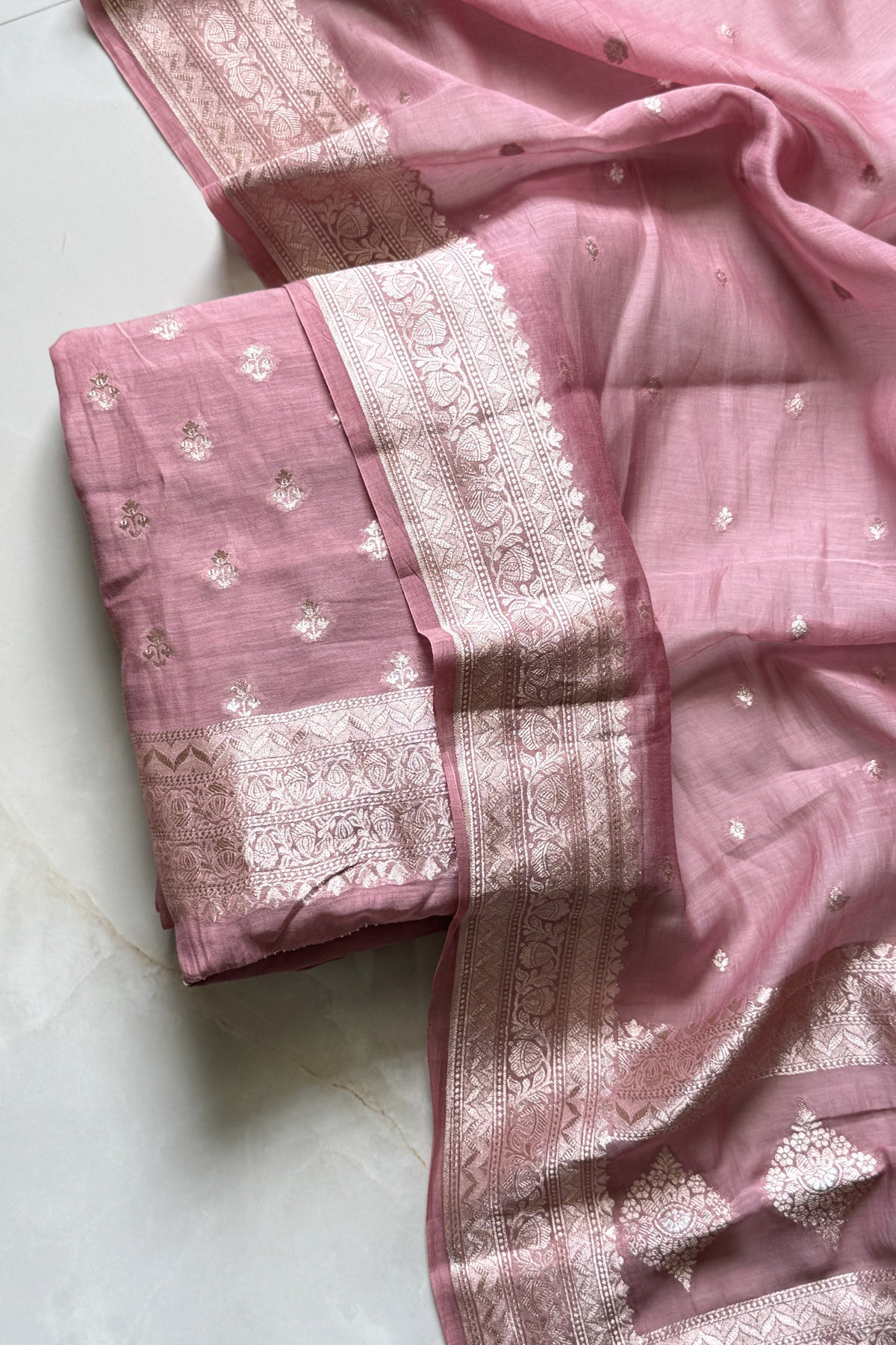 Pure Mul Chanderi Banarasi Weaving Suit Set - Light Onion Pink