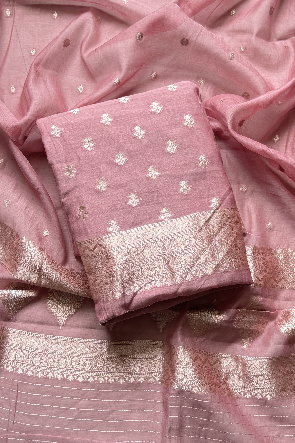 Pure Mul Chanderi Banarasi Weaving Suit Set - Light Onion Pink