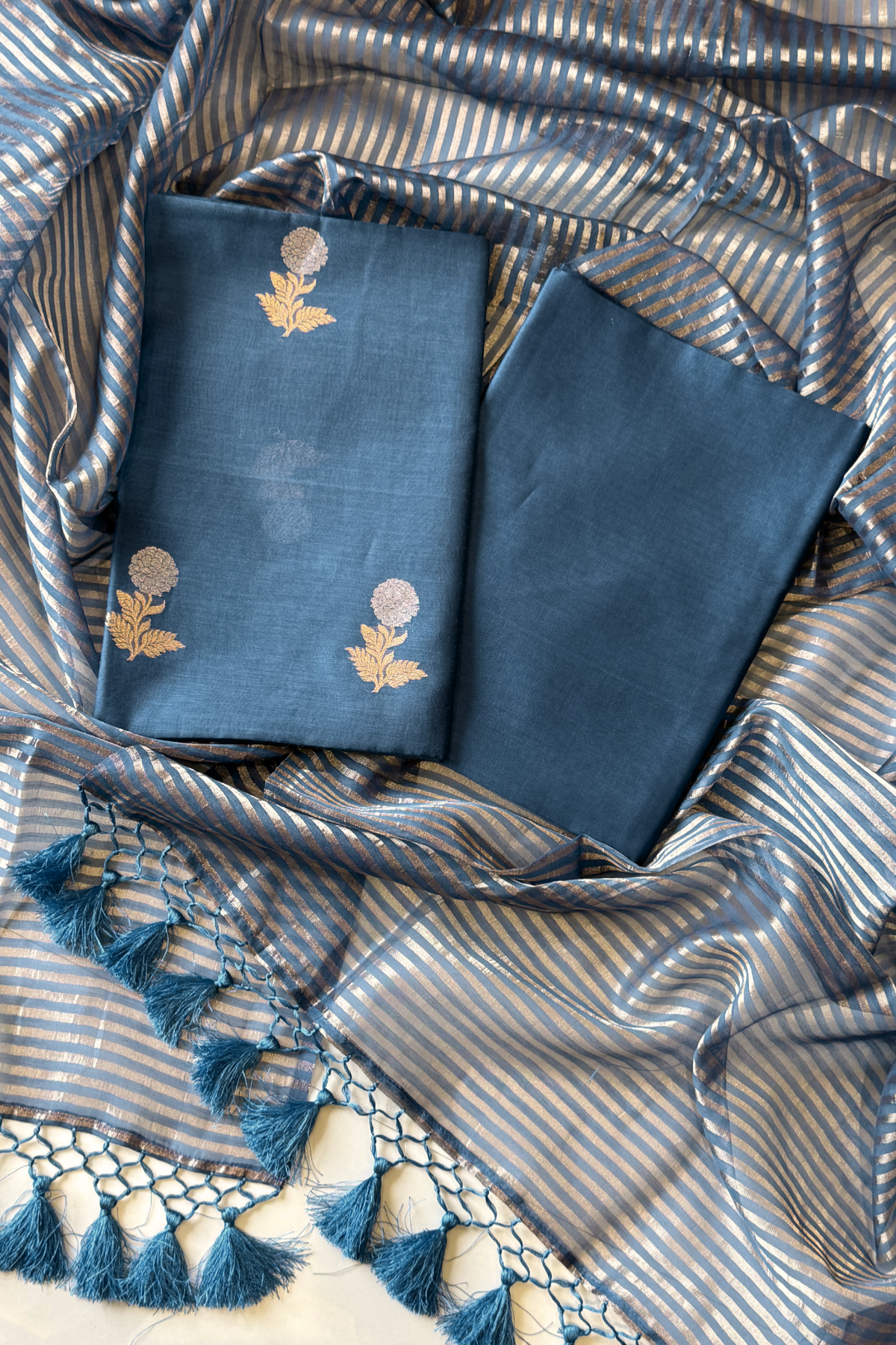 Pure Mul Chanderi With Kadwa Weaving - Slate Blue