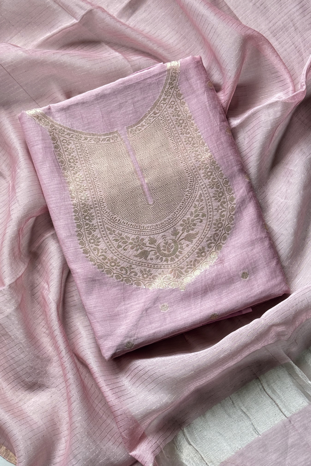 Pure Mul Chanderi Banarasi Weaving Suit Set - Dusty pink