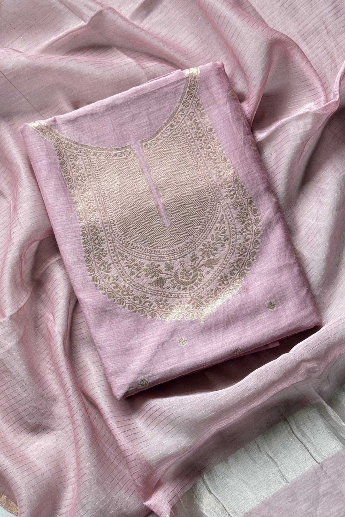 Pure Mul Chanderi Banarasi Weaving Suit Set - Dusty pink