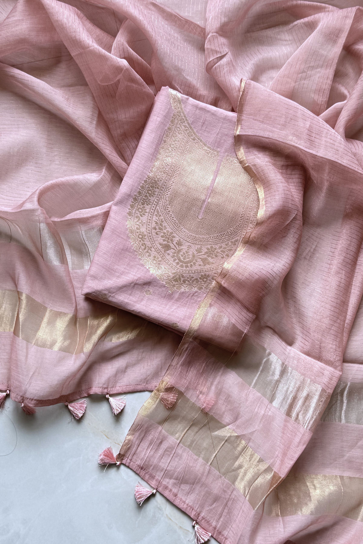 Pure Mul Chanderi Banarasi Weaving Suit Set - Dusty pink