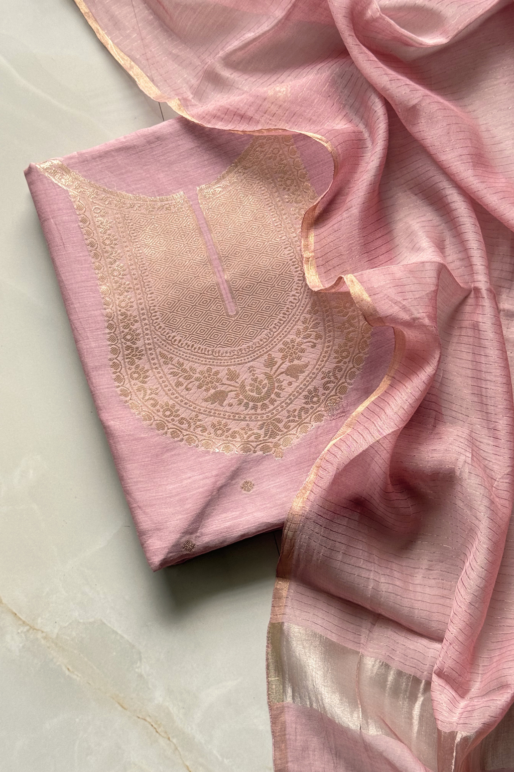 Pure Mul Chanderi Banarasi Weaving Suit Set - Light Pink