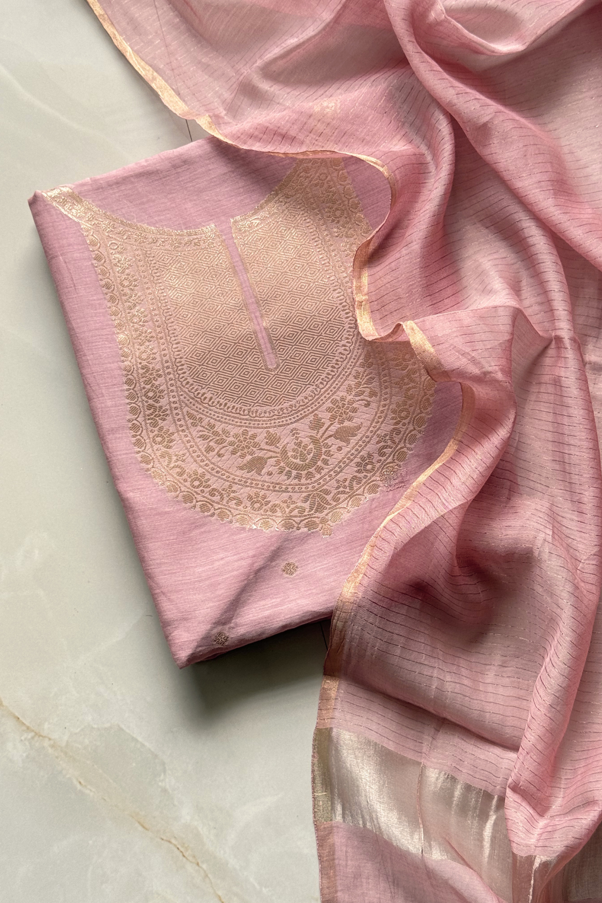 Pure Mul Chanderi Banarasi Weaving Suit Set - Light Pink