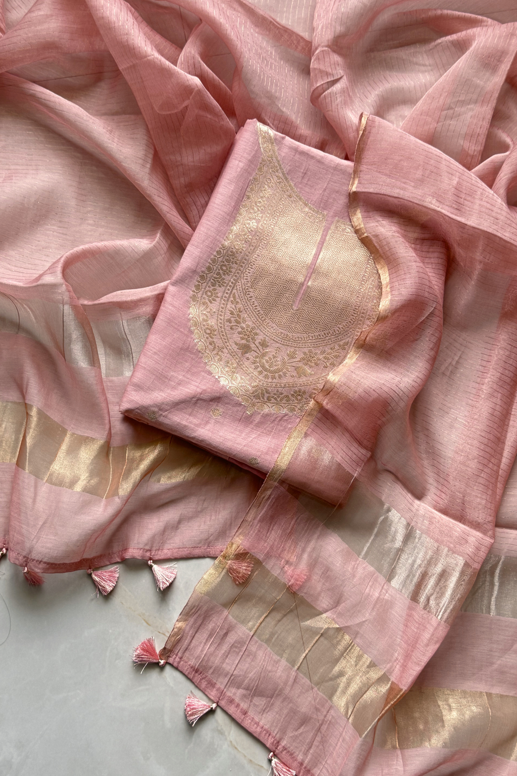 Pure Mul Chanderi Banarasi Weaving Suit Set - Light Pink