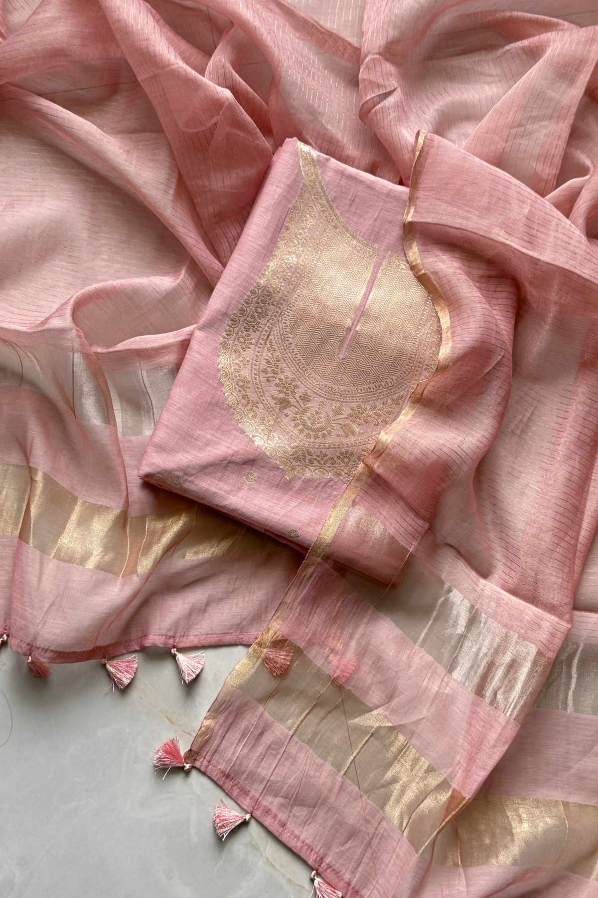 Pure Mul Chanderi Banarasi Weaving Suit Set - Light Pink