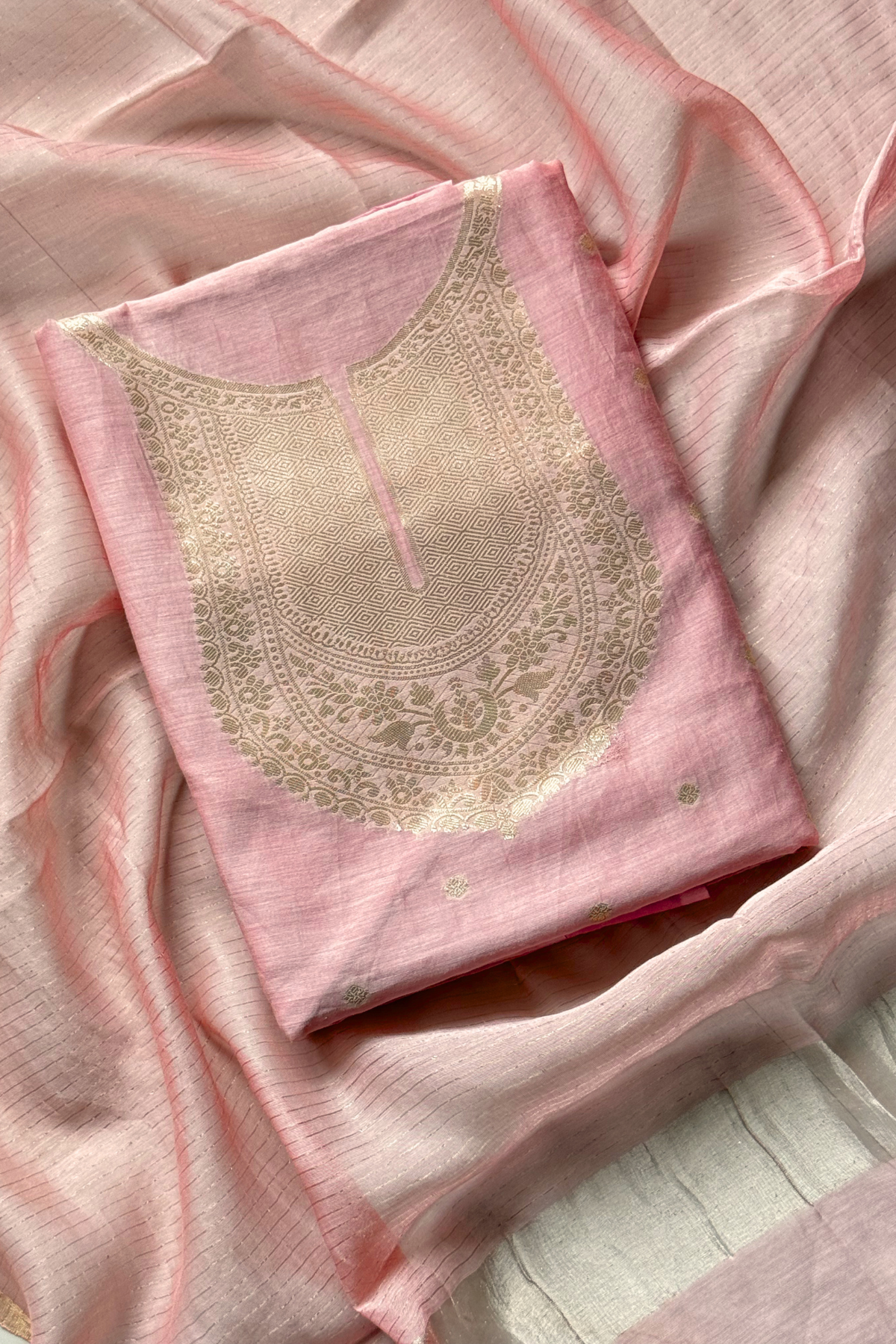 Pure Mul Chanderi Banarasi Weaving Suit Set - Light Pink