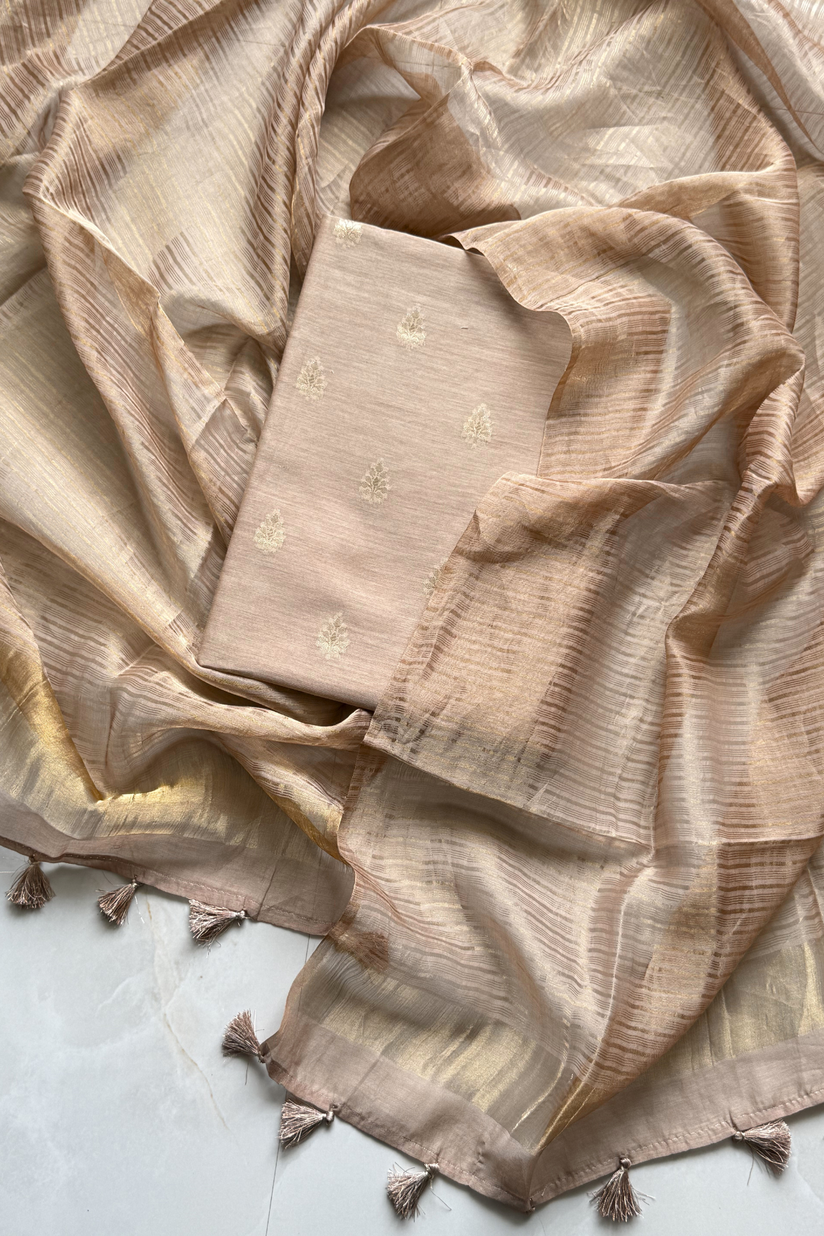 Pure Mul Chanderi Banarasi Weaving Suit Set - Golden Beige
