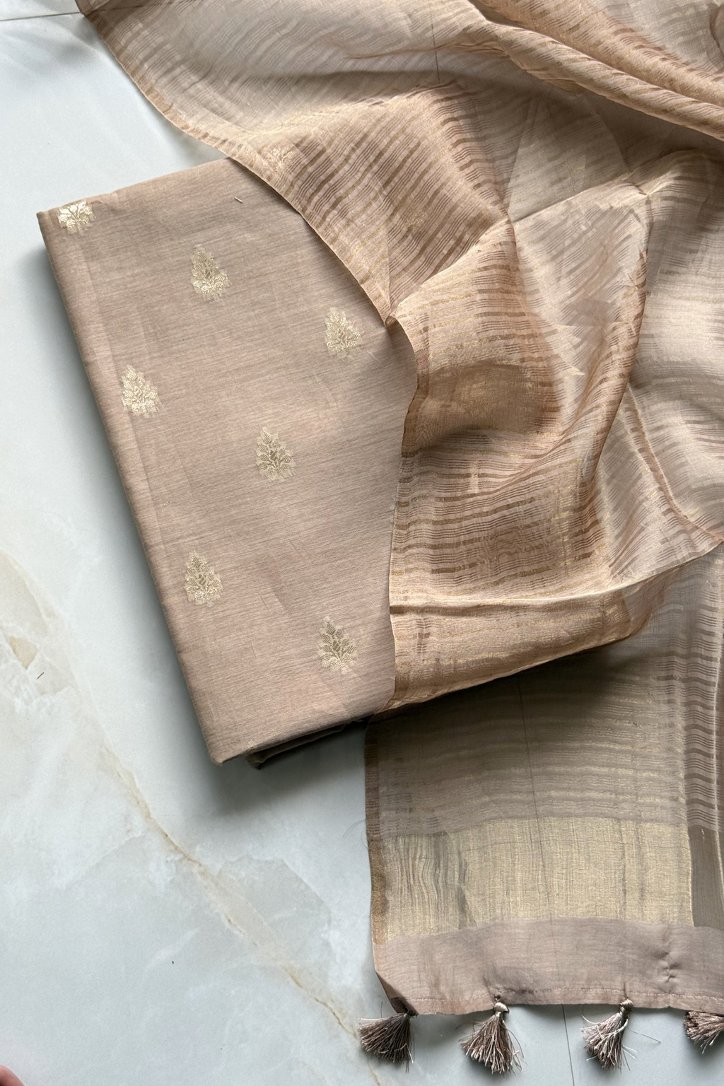 Pure Mul Chanderi Banarasi Weaving Suit Set - Golden Beige