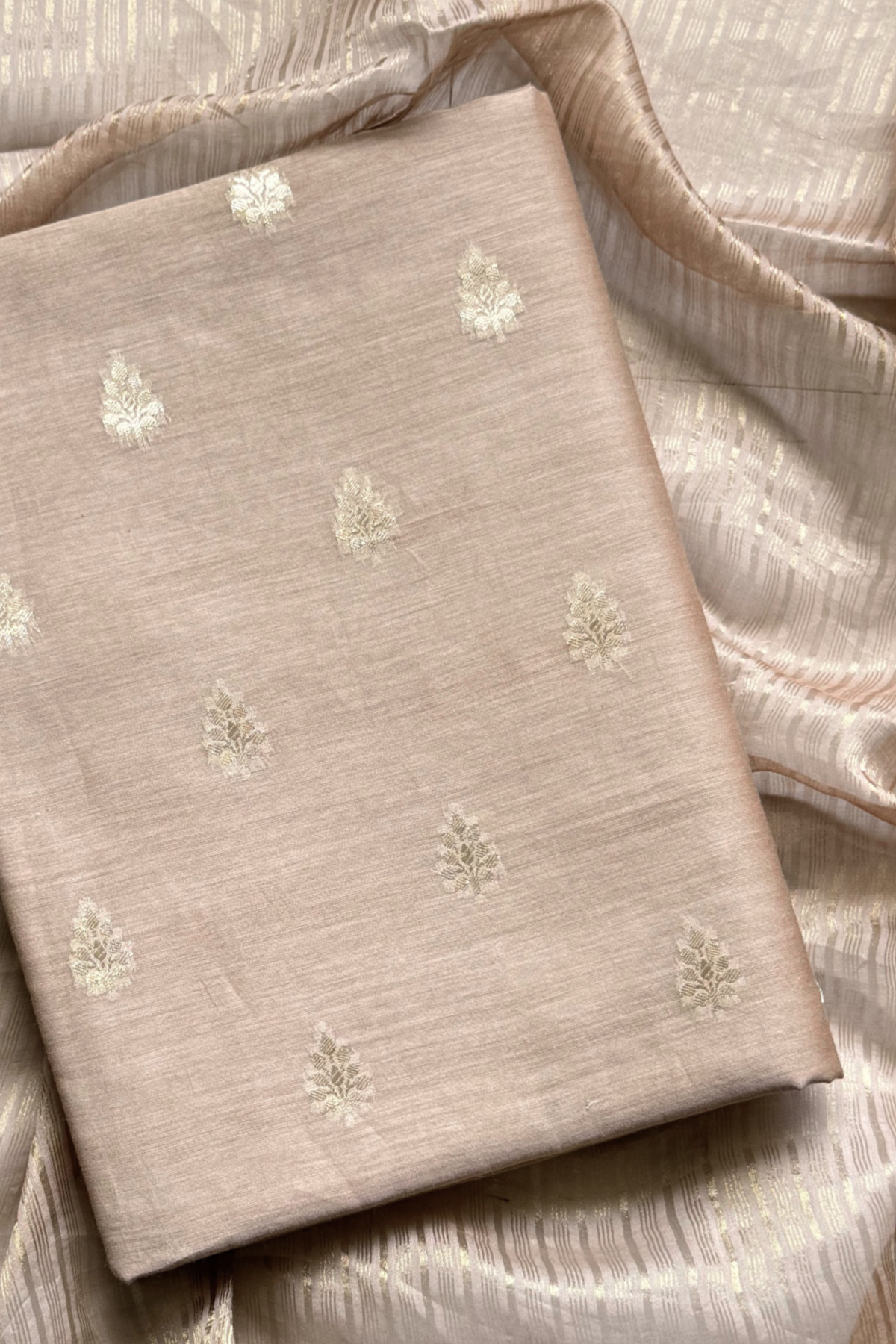 Pure Mul Chanderi Banarasi Weaving Suit Set - Golden Beige