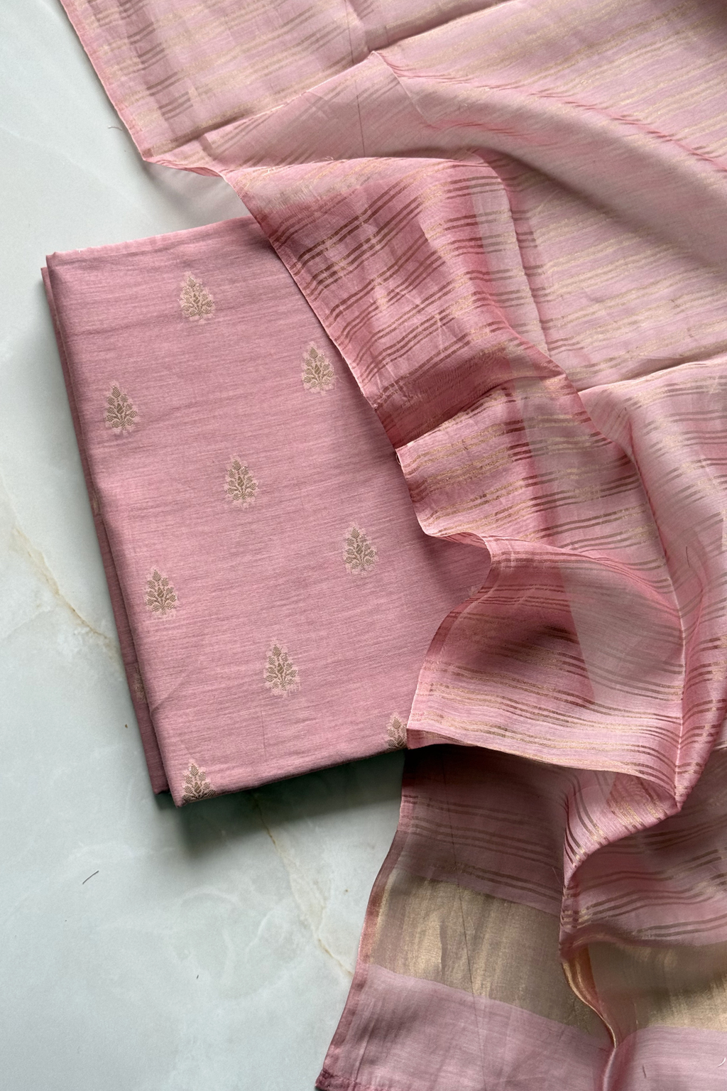 Pure Mul Chanderi Banarasi Weaving Suit Set - Light Onion Pink