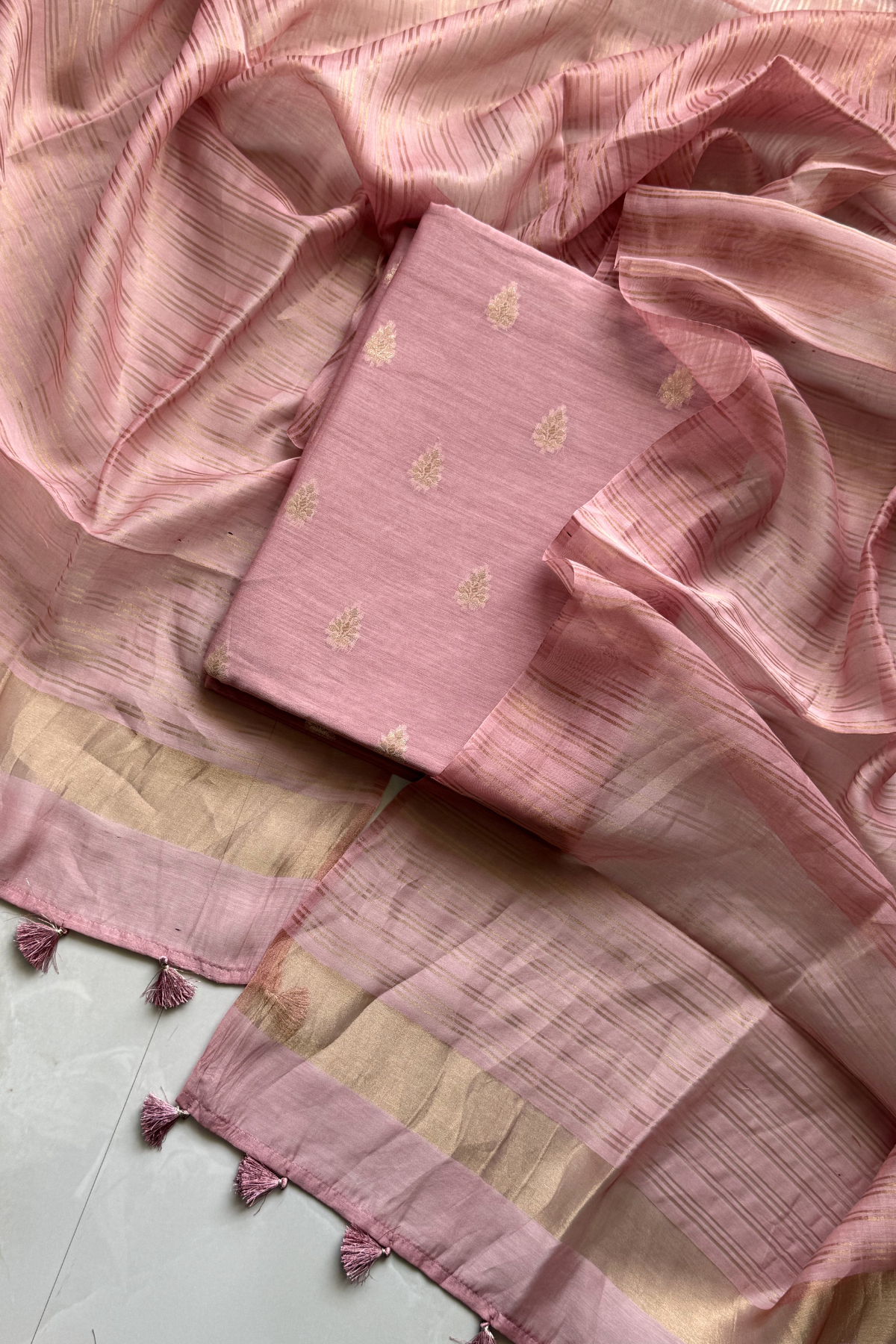 Pure Mul Chanderi Banarasi Weaving Suit Set - Light Onion Pink