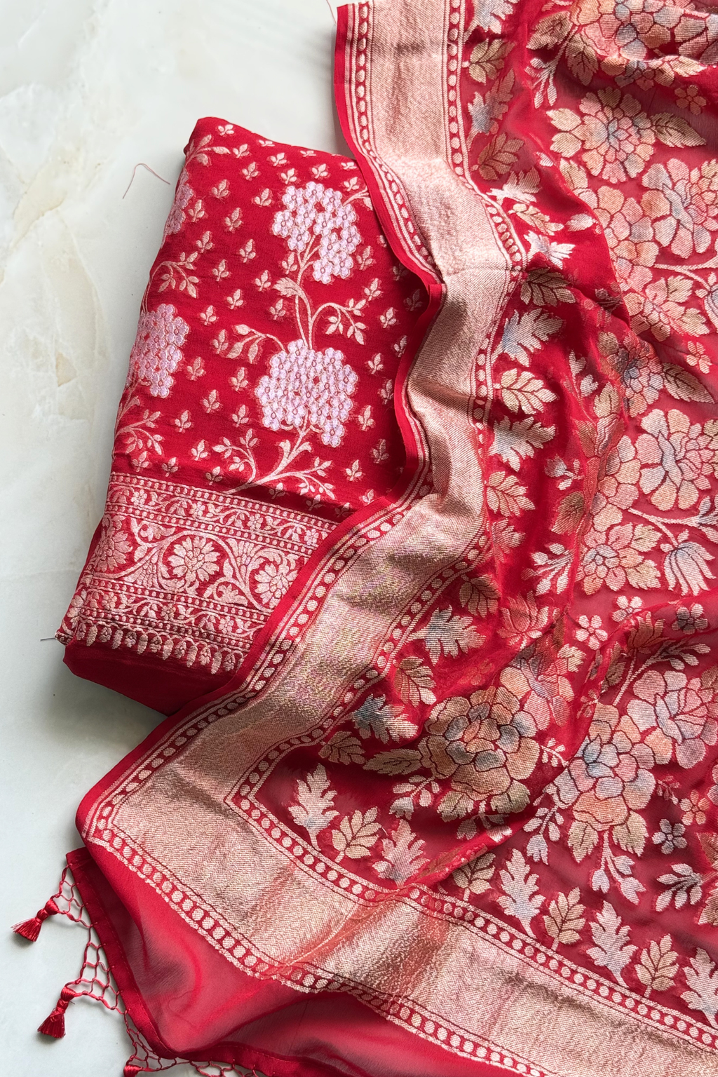 Banarasi Weaving With Brush Paint 3 pc suit set - Red