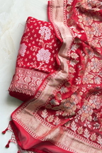 Banarasi Weaving With Brush Paint 3 pc suit set - Red