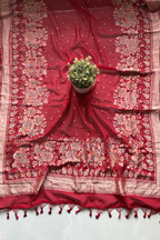 Banarasi Weaving With Brush Paint 3 pc suit set - Red