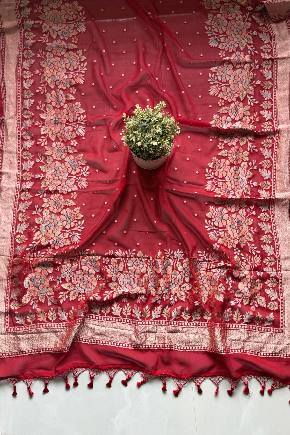 Banarasi Weaving With Brush Paint 3 pc suit set - Red