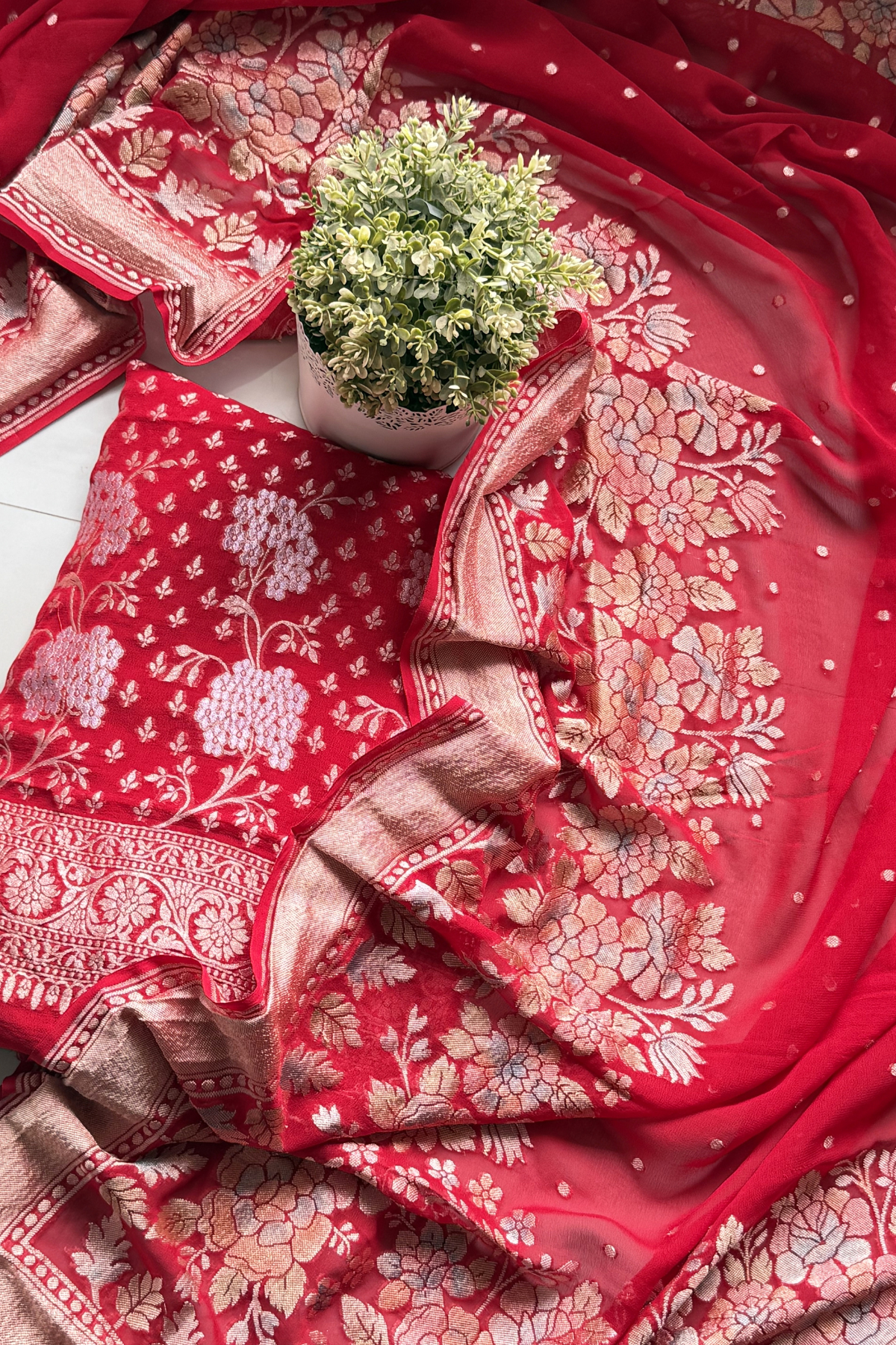 Banarasi Weaving With Brush Paint 3 pc suit set - Red