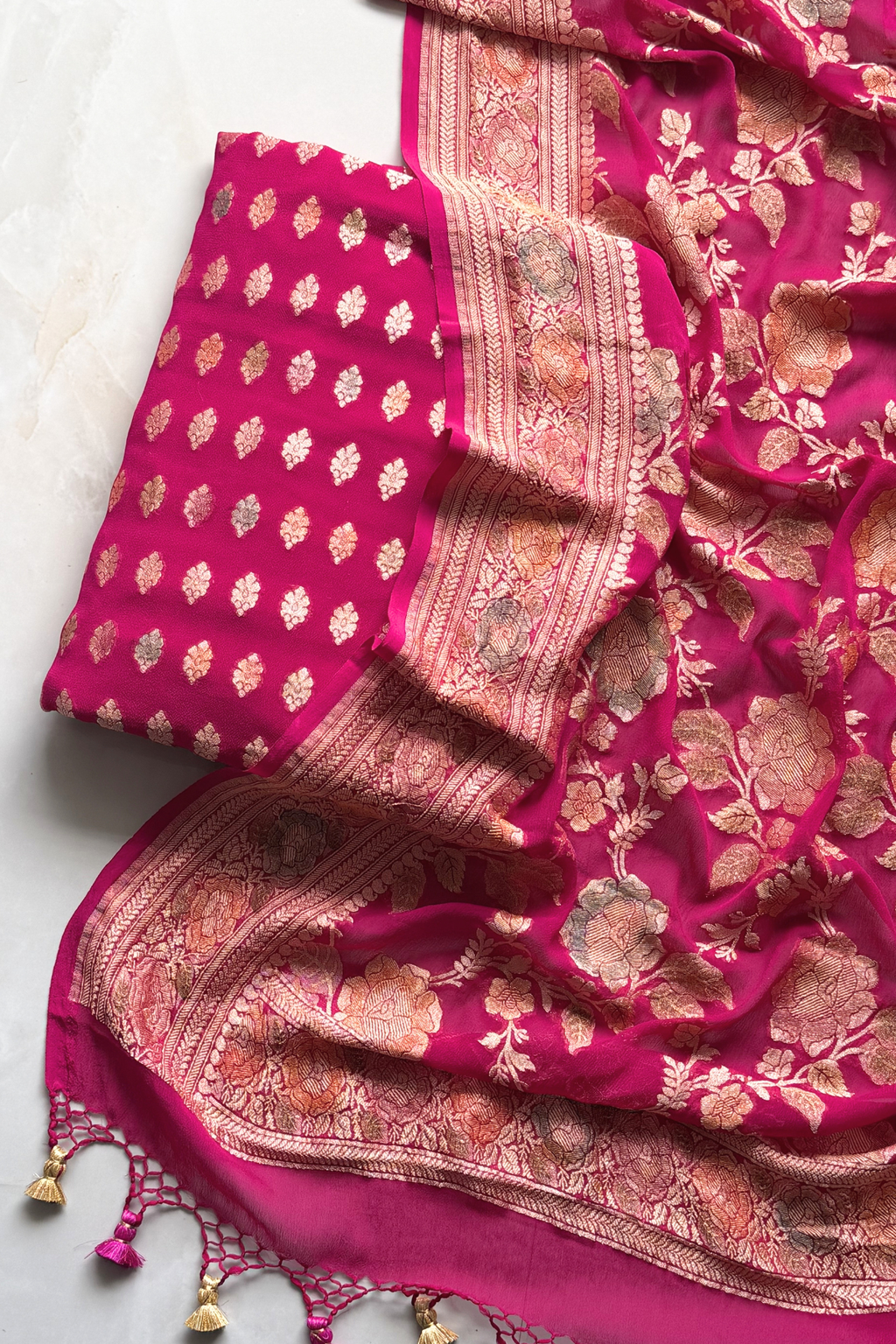 Banarasi Weaving With Brush Paint 3 pc suit set - Rani Pink