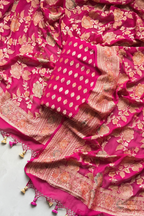 Banarasi Weaving With Brush Paint 3 pc suit set - Rani Pink
