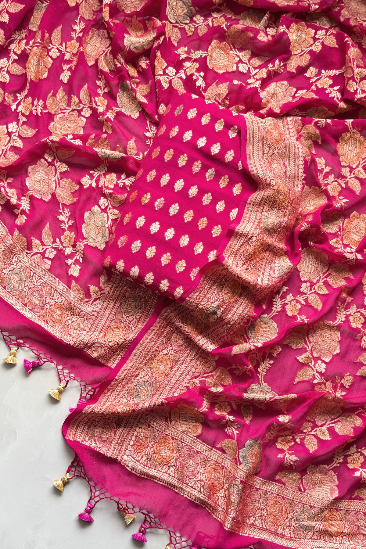 Banarasi Weaving With Brush Paint 3 pc suit set - Rani Pink