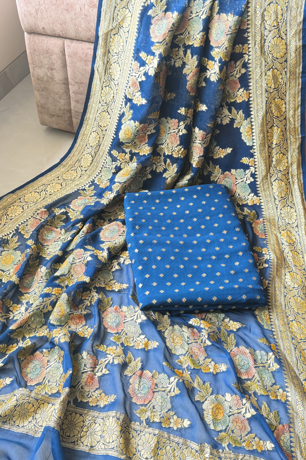 Banarasi Weaving With Brush Paint 3 pc suit set - Blue