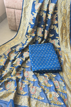 Banarasi Weaving With Brush Paint 3 pc suit set - Blue