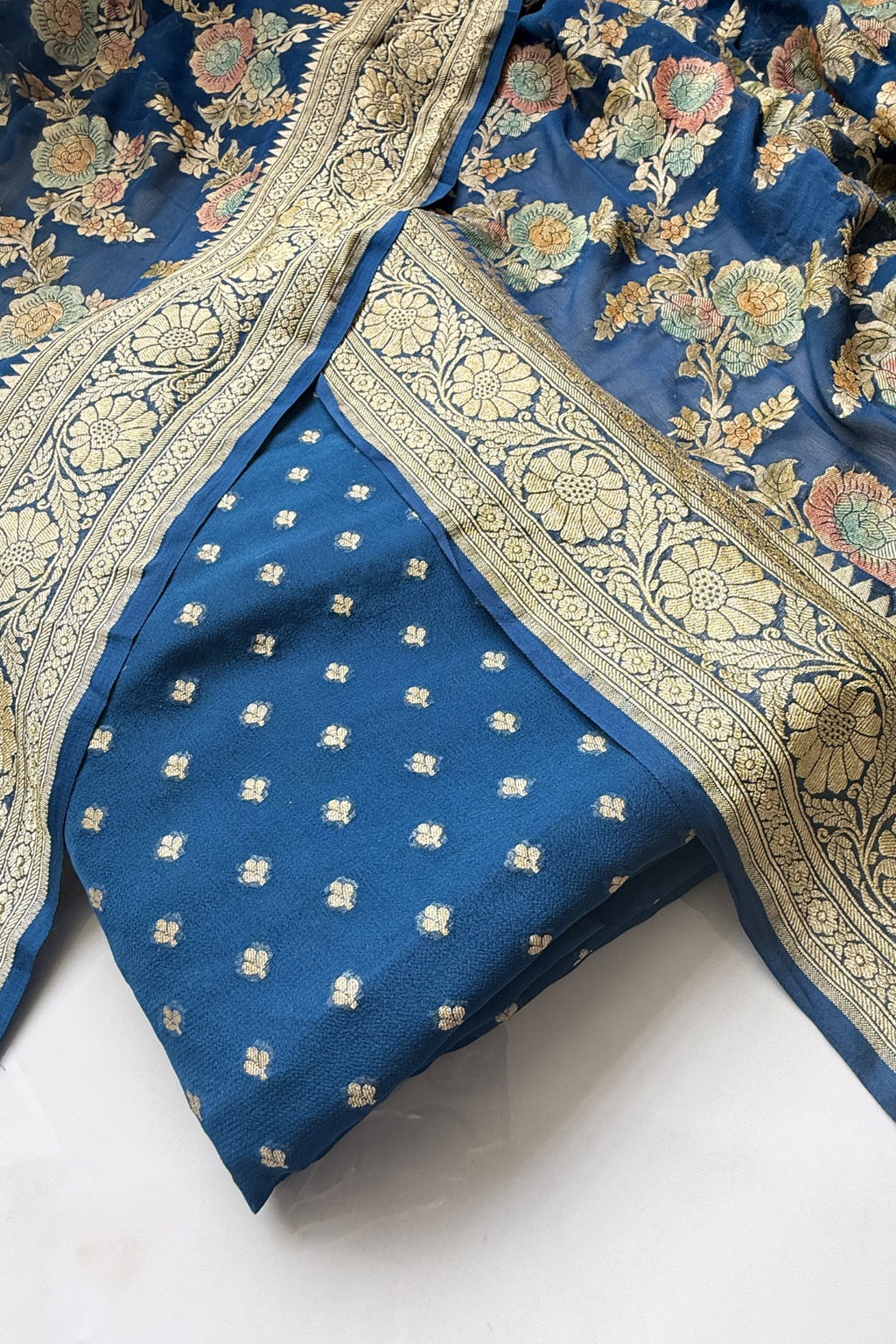 Banarasi Weaving With Brush Paint 3 pc suit set - Blue