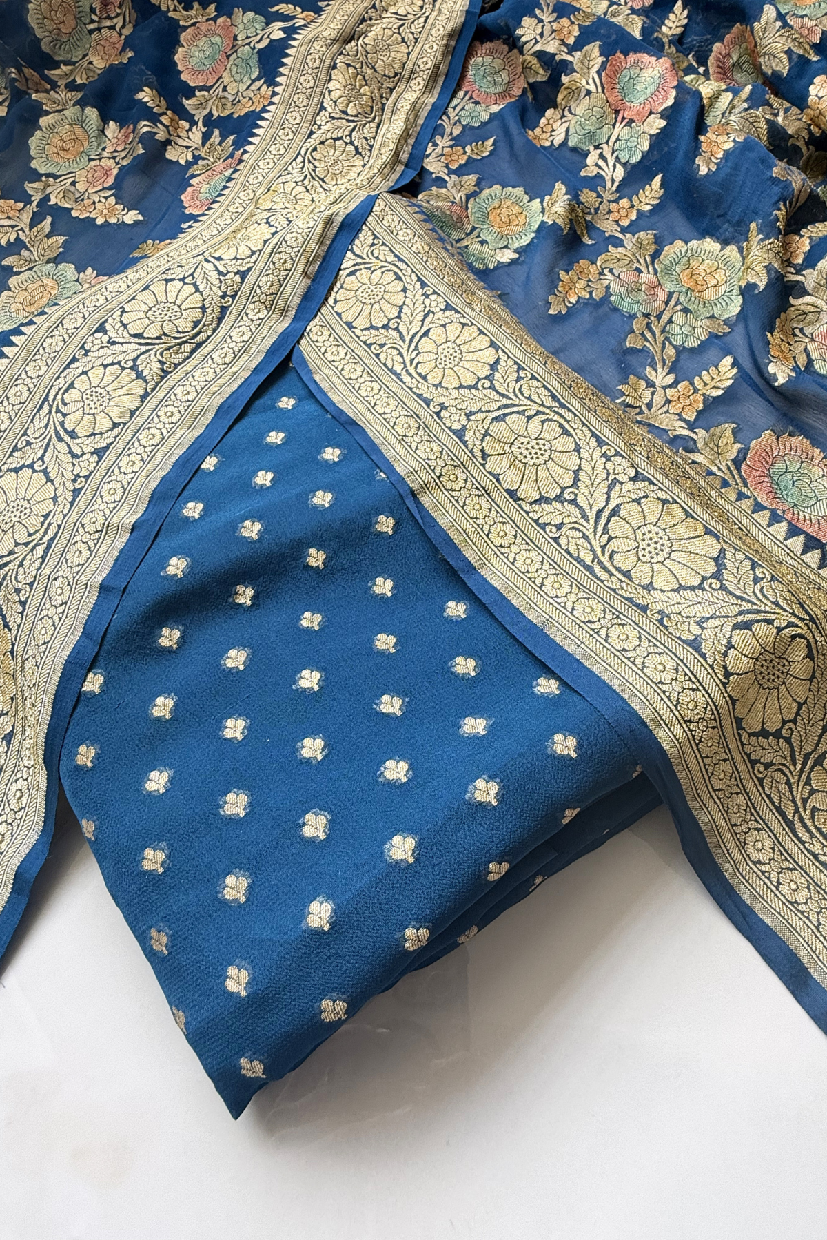 Banarasi Weaving With Brush Paint 3 pc suit set - Blue
