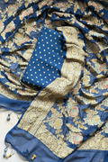 Banarasi Weaving With Brush Paint 3 pc suit set - Blue