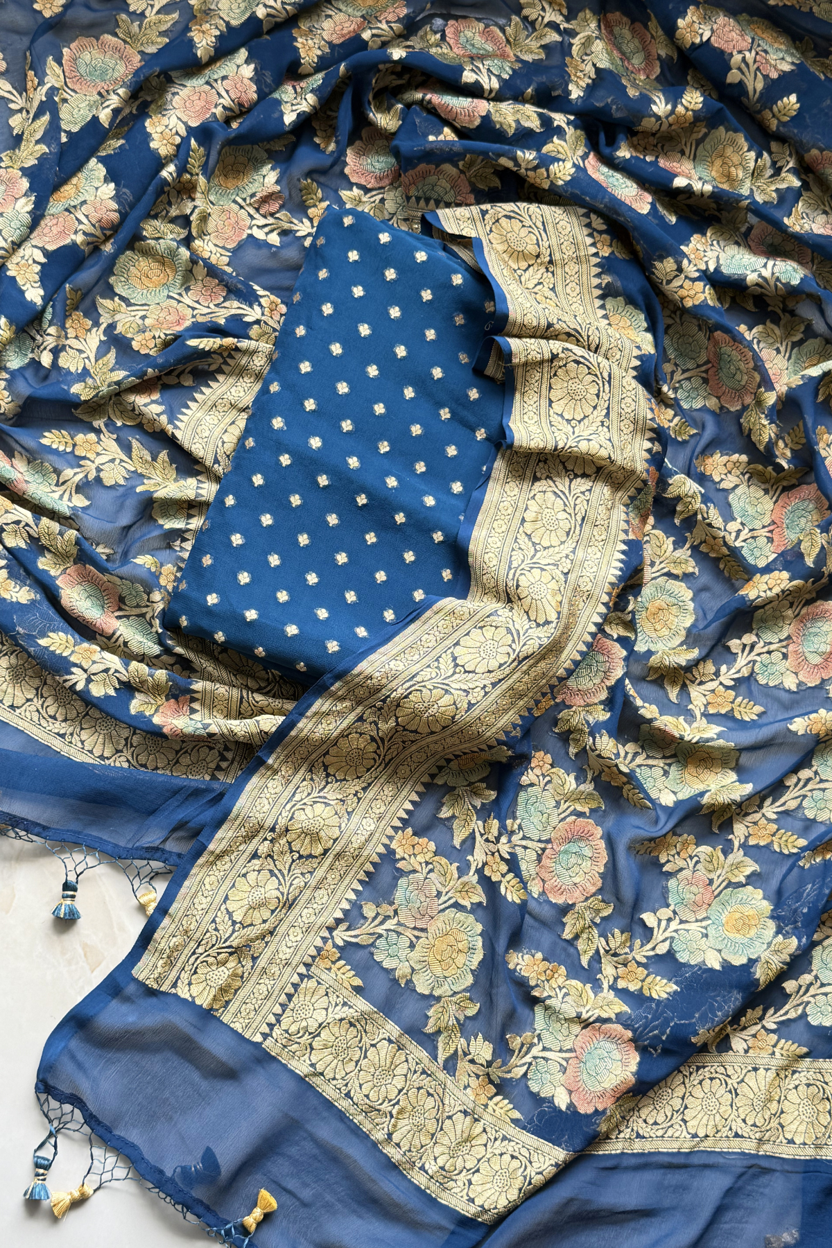 Banarasi Weaving With Brush Paint 3 pc suit set - Blue