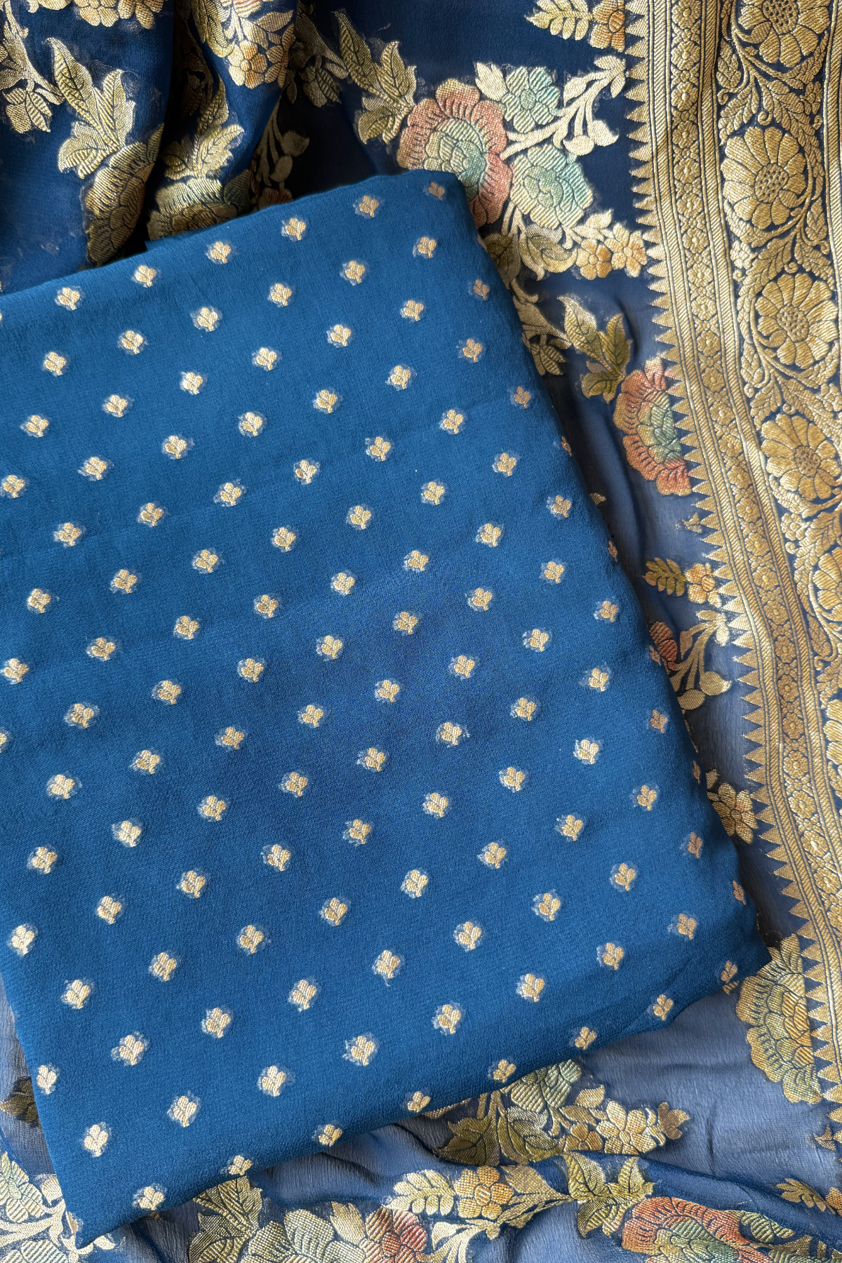 Banarasi Weaving With Brush Paint 3 pc suit set - Blue