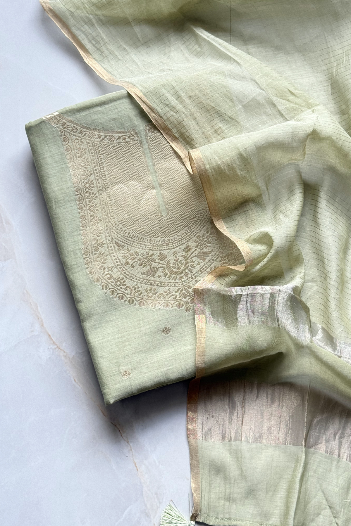 Pure Mul Chanderi Banarasi Weaving Suit Set - Pista Color