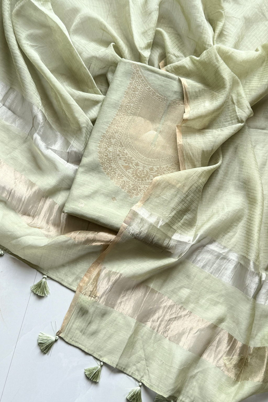 Pure Mul Chanderi Banarasi Weaving Suit Set - Pista Color