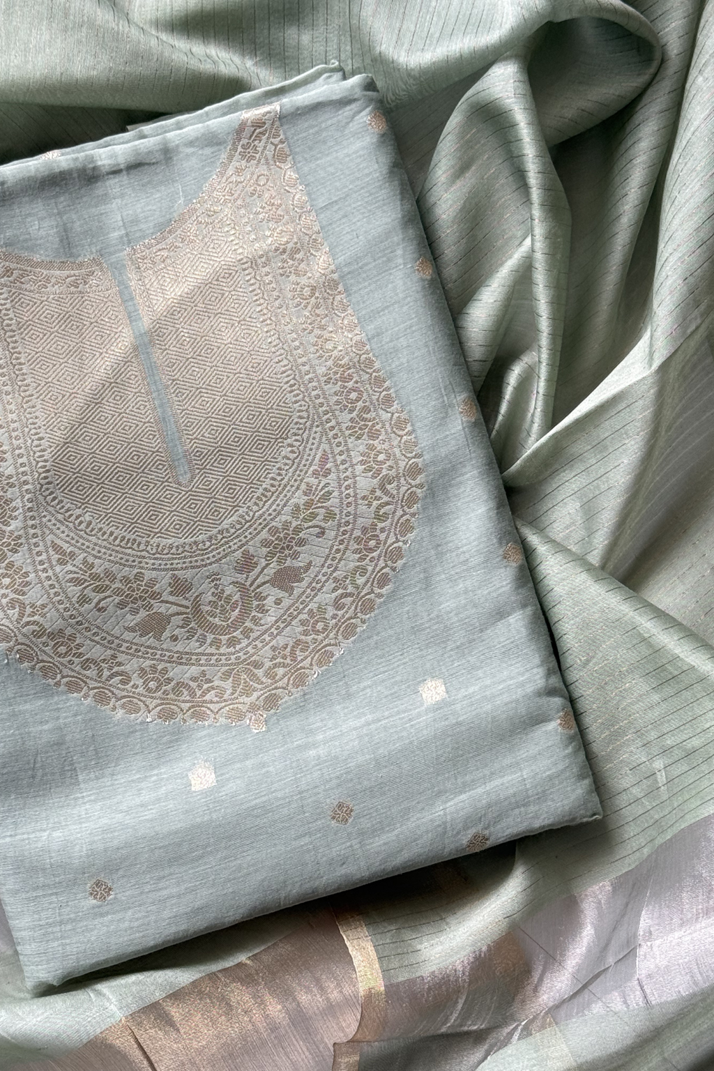 Pure Mul Chanderi Banarasi Weaving Suit Set - Greenish Blue