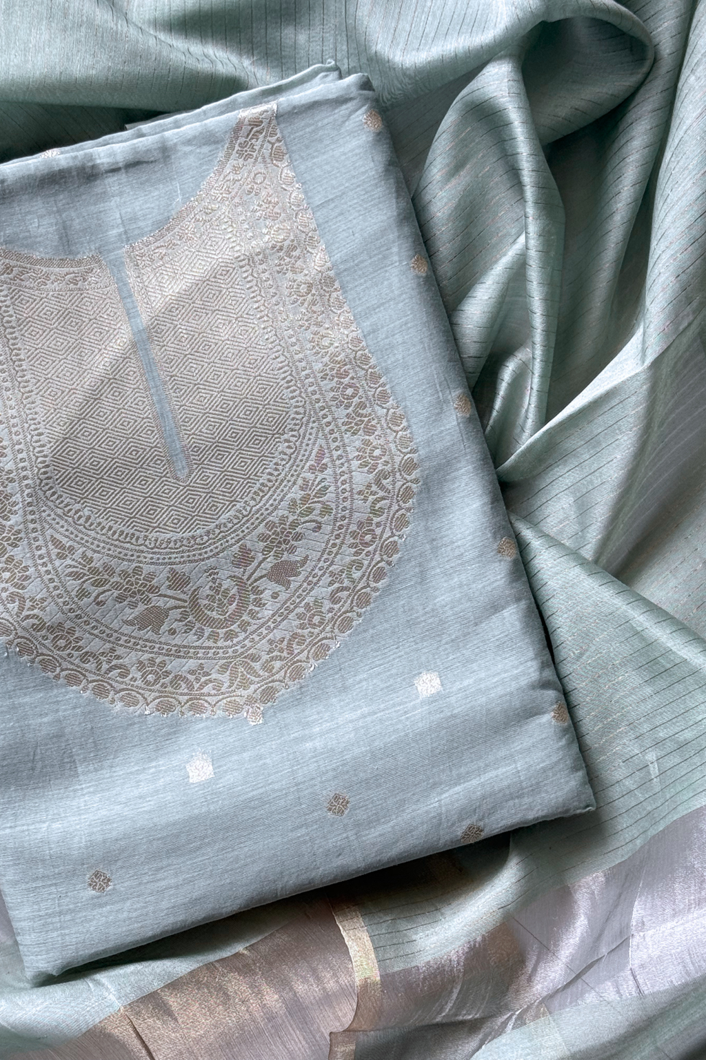 Pure Mul Chanderi Banarasi Weaving Suit Set - Light Pestal Blue