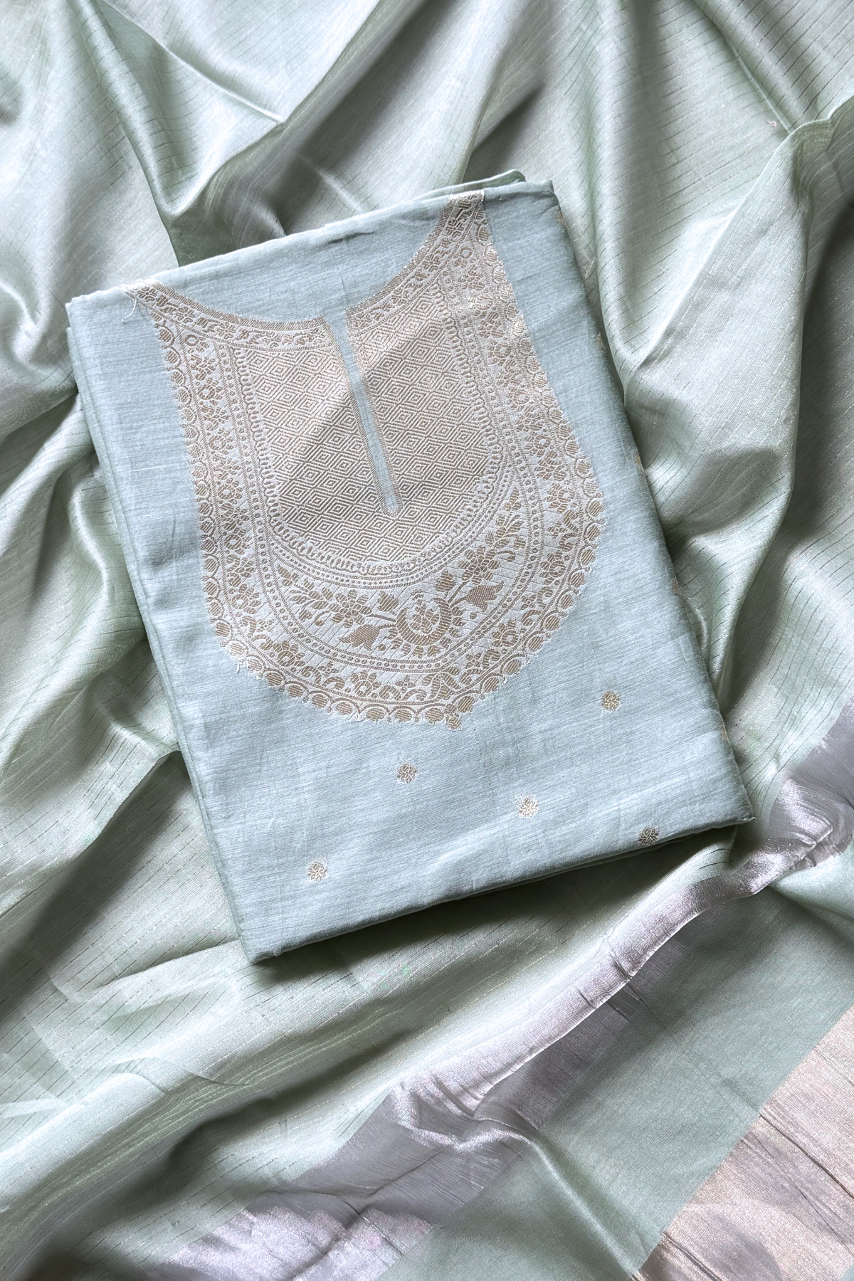 Pure Mul Chanderi Banarasi Weaving Suit Set - Light Pestal Blue