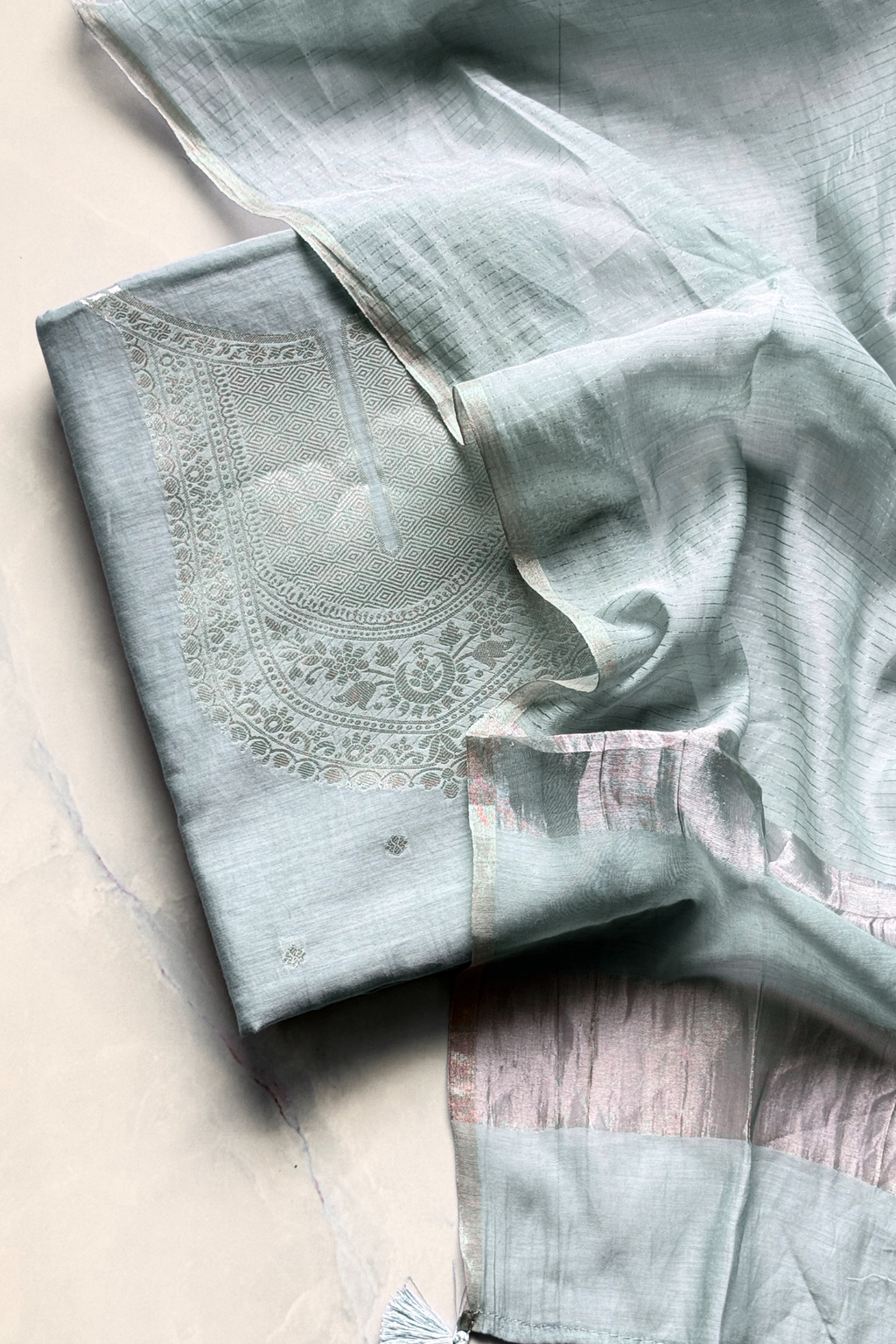 Pure Mul Chanderi Banarasi Weaving Suit Set - Greenish Blue