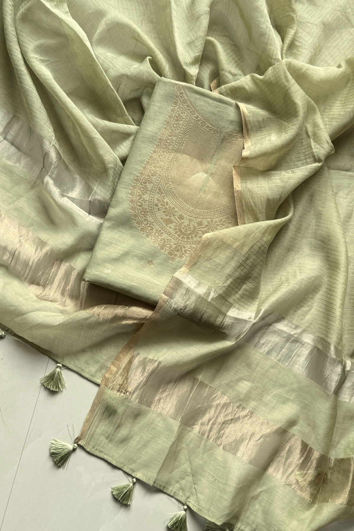 Pure Mul Chanderi Banarasi Weaving Suit Set - Pista Green