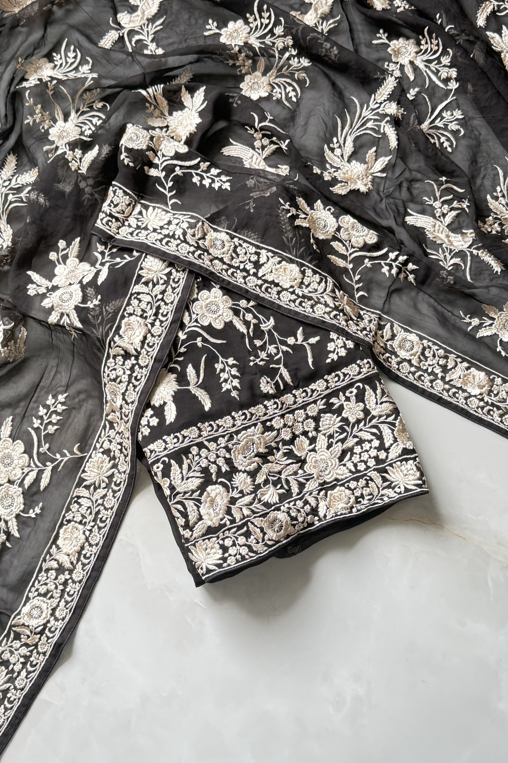Pure Georjette With Parsi Work Unstitched Suit Set - Black