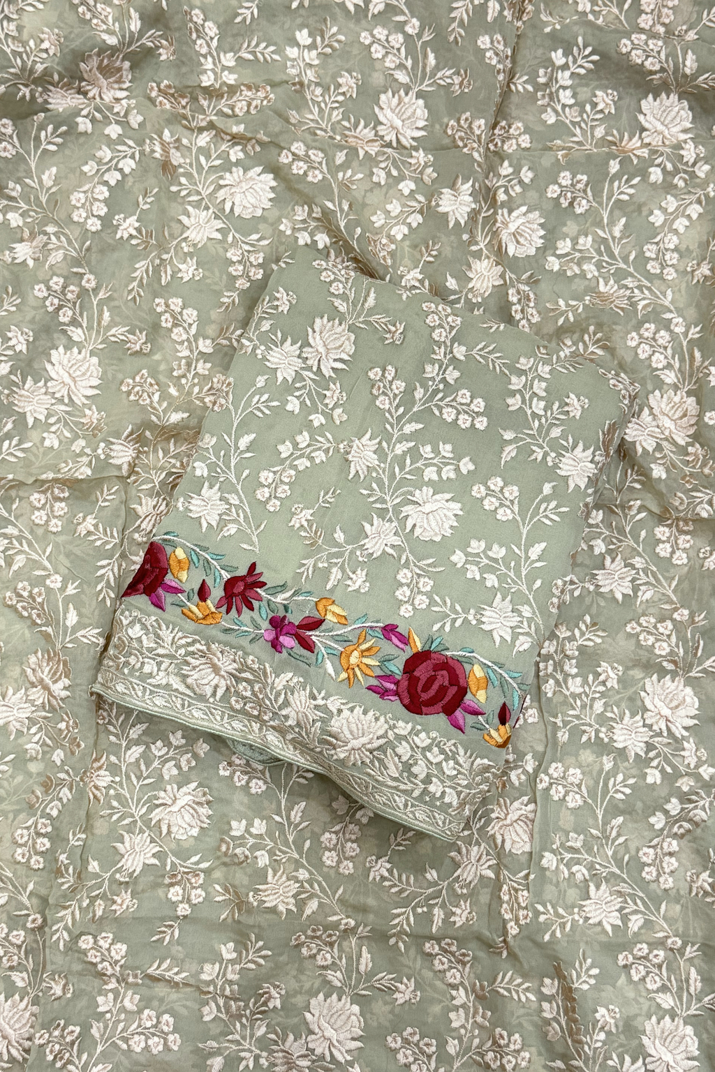 Pure Georgette With Parsi Work Unstitched Suit Set -  Light Pista Green