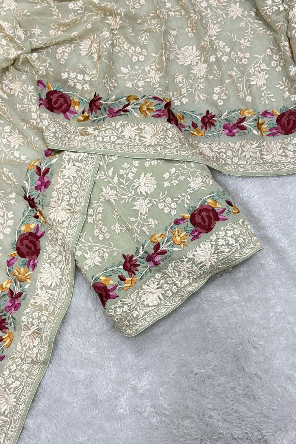 Pure Georgette With Parsi Work Unstitched Suit Set -  Light Pista Green